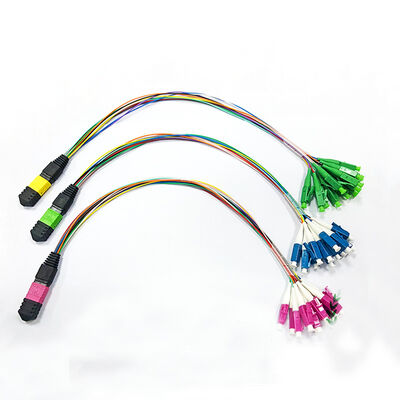 12core MPO-LC Multimode Fiber Optic Breakout Patch cable 0.9mm للكاسيت MPO والمحافظات الوحيدة